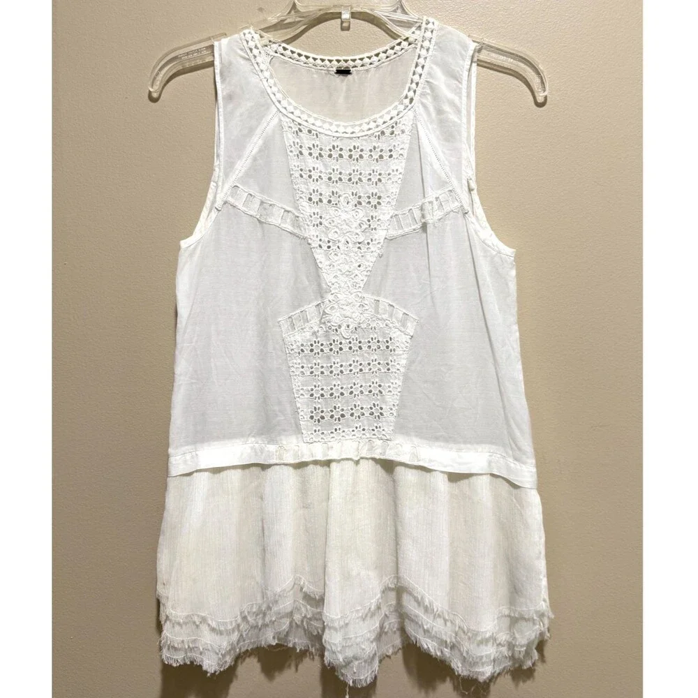 Free People Linen Crochet Lace Eyelet Peplum Cami White Boho Sheer Tank Blouse S